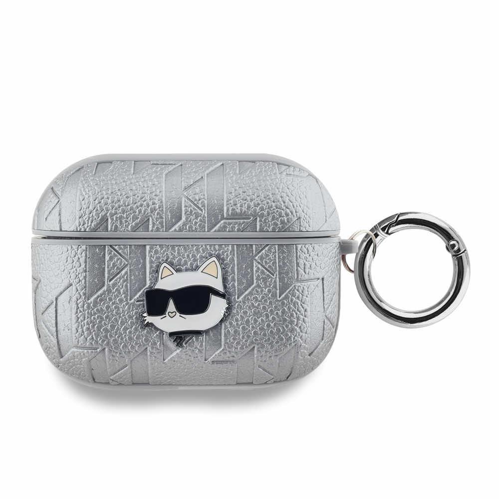 Karl Lagerfeld PU Embossed Choupette Head Case - кожен кейс с карабинер за Apple AirPods Pro (сребрист)