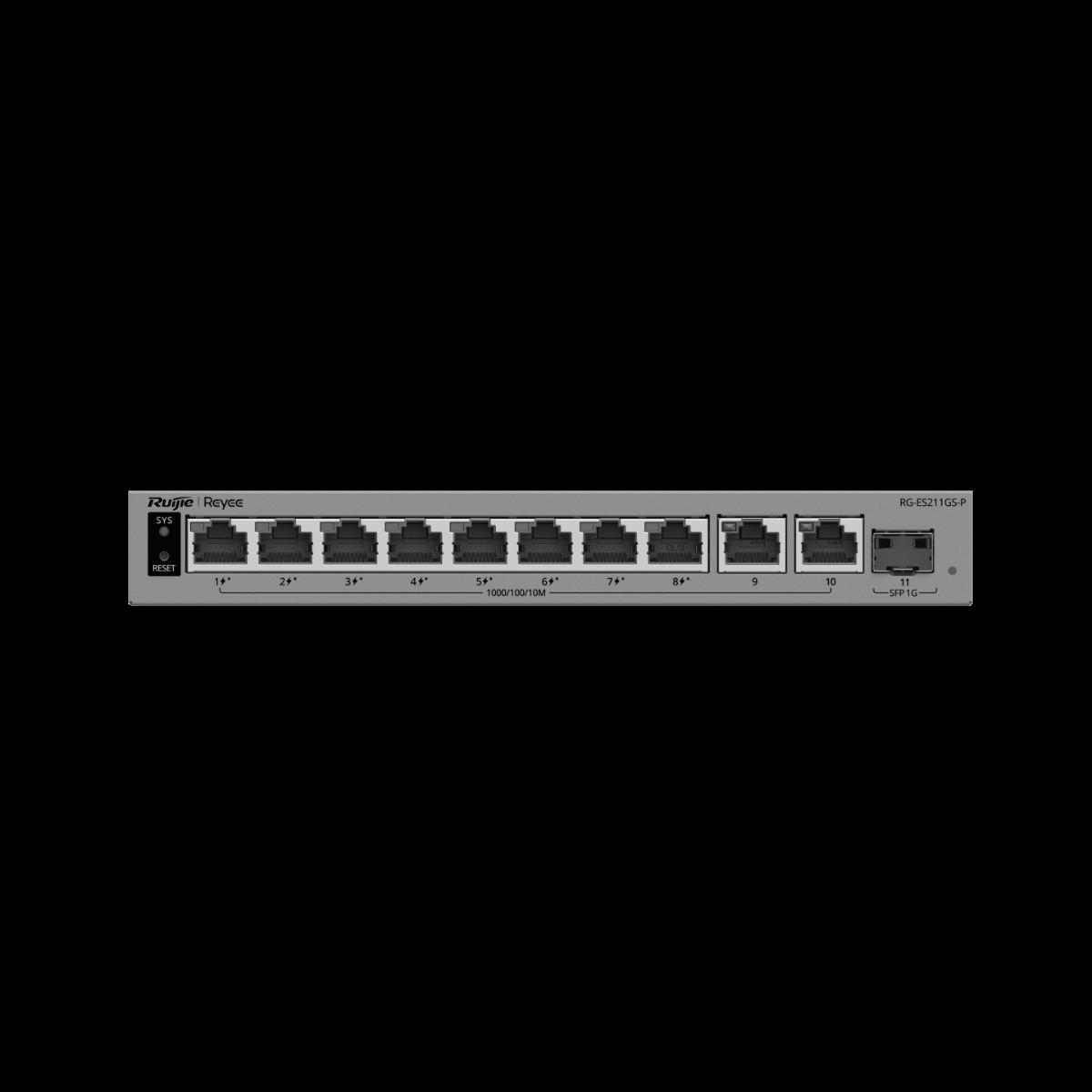 Комутатор Ruijie RG-ES211GS-LP, 8xGbE PoE+, 2x GbE, 1x GbE/SFP, 70W, до 32 VLAN | JAR Computers Комутатор Ruijie RG-ES211GS-LP, 8xGbE PoE+, 2x GbE, 1x GbE/SFP, 70W, до 32 VLAN