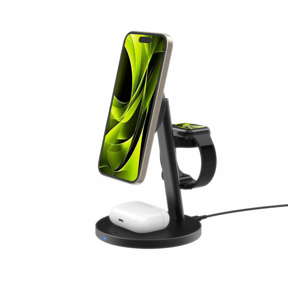 Тройна поставка за безжично зареждане за iPhone с MagSafe, Apple Watch, AirPods - Mobile Origin Qi2 25W 3-in-1 PW40 PowerStand Pro | JAR Computers Тройна поставка за безжично зареждане за iPhone с MagSafe, Apple Watch, AirPods - Mobile Origin Qi2 25W 3-in-1 PW40 PowerStand Pro