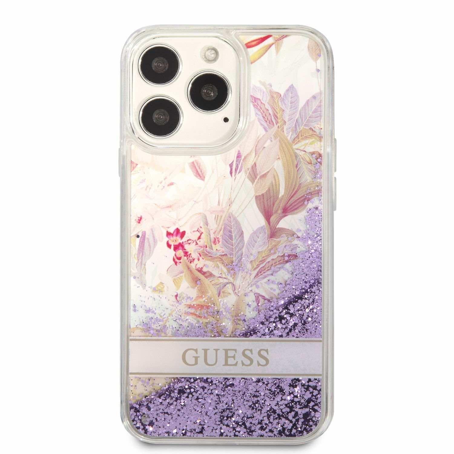 Дизайнерски кейс с висока защита за iPhone 13 Pro - Guess Liquid Glitter Flower Case (лилав) | JAR Computers Дизайнерски кейс с висока защита за iPhone 13 Pro - Guess Liquid Glitter Flower Case (лилав)