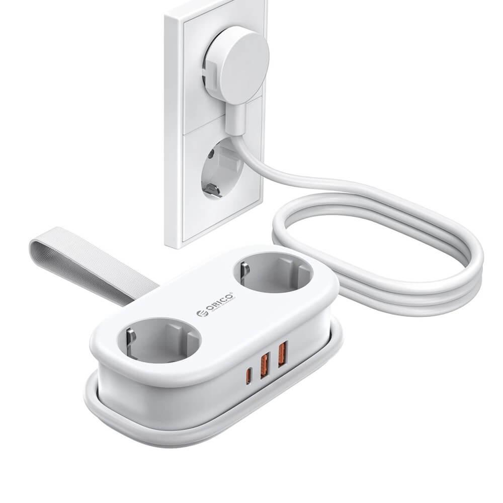 Разклонител с 2xAC контакта и захранване с 1хUSB-C и 2хUSB-A портове за мобилни устройства - Orico AP3 GaN 5in1 Power Strip (бял) | JAR Computers Разклонител с 2xAC контакта и захранване с 1хUSB-C и 2хUSB-A портове за мобилни устройства - Orico AP3 GaN 5in1 Power Strip (бял)