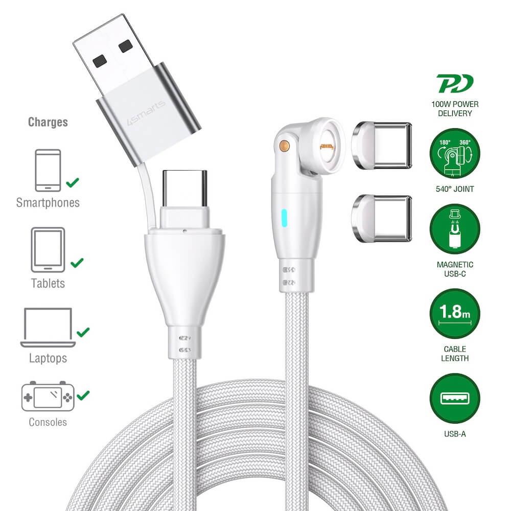 USB-C кабел с магнитен ннакрайник за устройства с USB-C - 4smarts GravityCord Magnetic USB-C to USB-C Cable Set 100W (бял) (180см) | JAR Computers USB-C кабел с магнитен ннакрайник за устройства с USB-C - 4smarts GravityCord Magnetic USB-C to USB-C Cable Set 100W (бял) (180см)