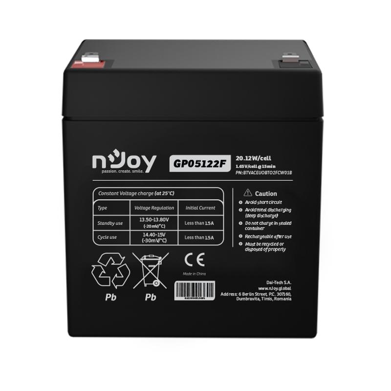 Батерия 12V 2012W/cell - 5Ah Тип VRLA без поддръжка F2(T2) конектор - NJOY GP05122F | JAR Computers Батерия 12V 2012W/cell - 5Ah Тип VRLA без поддръжка F2(T2) конектор - NJOY GP05122F