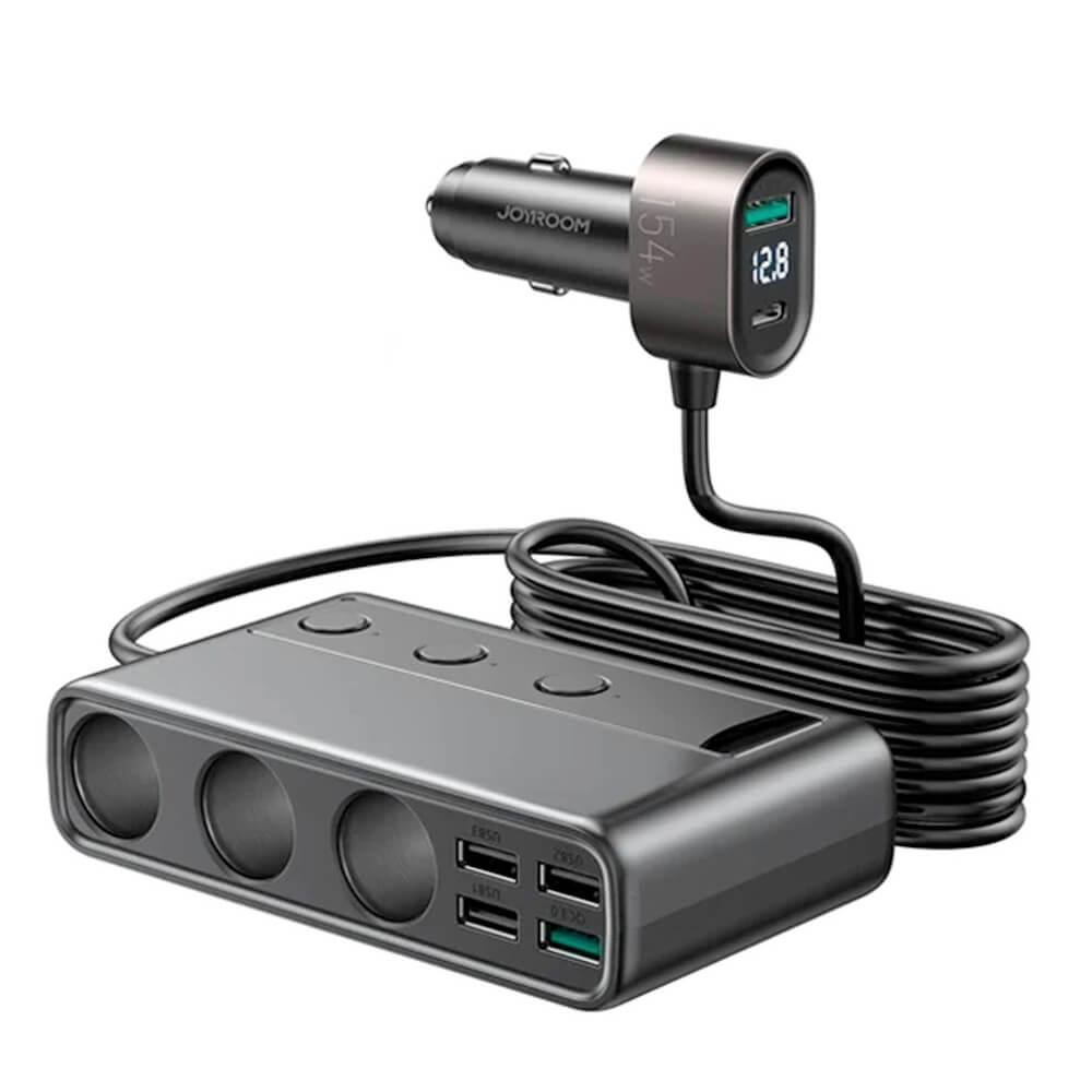 Joyroom 9-in-1 Car Charger 154W - зарядно за кола с 1xUSB-C и 5xUSB-A изходи и 3 извода за запалка (черен)