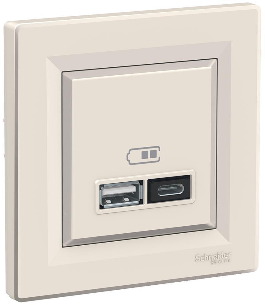 Розетка 2хUSB за зареждане тип A+C 2.4A 12W моноблок цвят Крем Asfora SE | JAR Computers Розетка 2хUSB за зареждане тип A+C 2.4A 12W моноблок цвят Крем Asfora SE