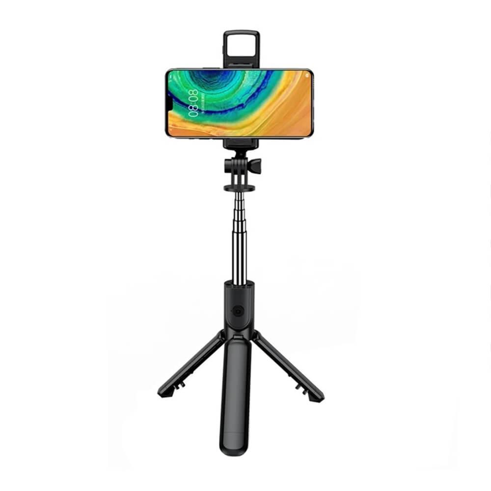 Techsuit S03-S Selfie Stick Telescopic Tripod with LED Light And Bluetooth Remote - разтегаем безжичен селфи стик и трипод с LED светлина за мобилни телефони (черен)