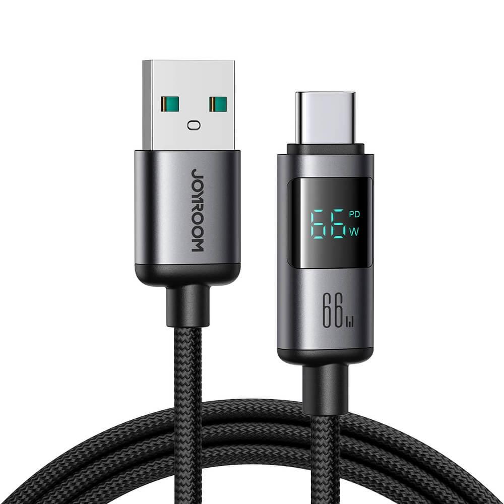 Здрав кабел с въжена оплетка с бързо зареждане за устройства с USB-C порт - Joyroom S-A16 Pro Prism Series Digital Display USB-A to USB-C Cable (черен) (120 см) | JAR Computers Здрав кабел с въжена оплетка с бързо зареждане за устройства с USB-C порт - Joyroom S-A16 Pro Prism Series Digital Display USB-A to USB-C Cable (черен) (120 см)
