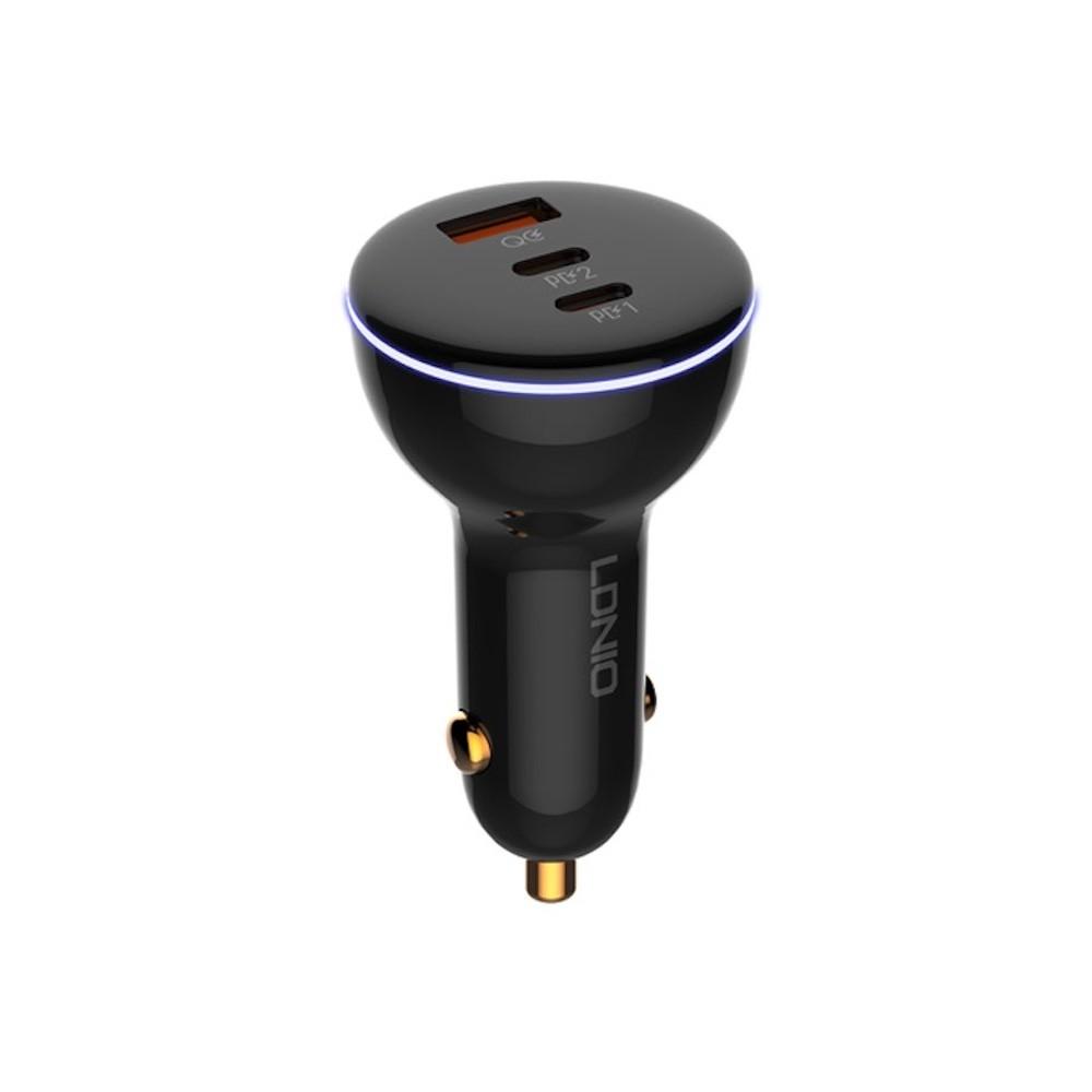 LDNIO Triple Quick Car Charger 160W - зарядно за кола с 2xUSB-C и USB-A изходи с технология за бързо зареждане и USB-C към Lightning кабел (черен)