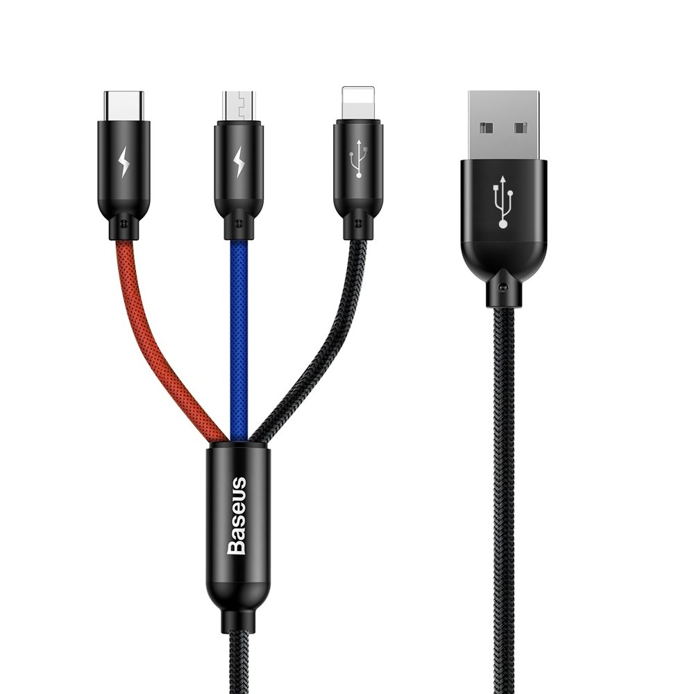 Baseus Three Primary Colors 3-in-1 USB Cable (CAMLT-BSY01) - универсален USB-A кабел с Lightning, microUSB и USB-C конектори (120 см) (черен)