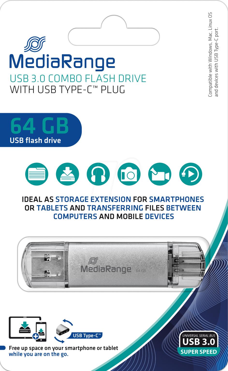 MediaRange USB 3.0 combo flash drive, with USB Type-C™ plug, 64GB | JAR Computers MediaRange USB 3.0 combo flash drive, with USB Type-C™ plug, 64GB