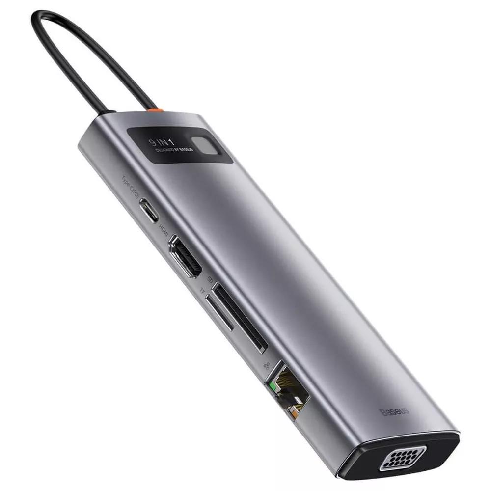 Baseus USB-C Metal Gleam 9 в1 (CAHUB-CU0G) мултифункционален хъб, тъмносив | JAR Computers Baseus USB-C Metal Gleam 9 в1 (CAHUB-CU0G) мултифункционален хъб, тъмносив