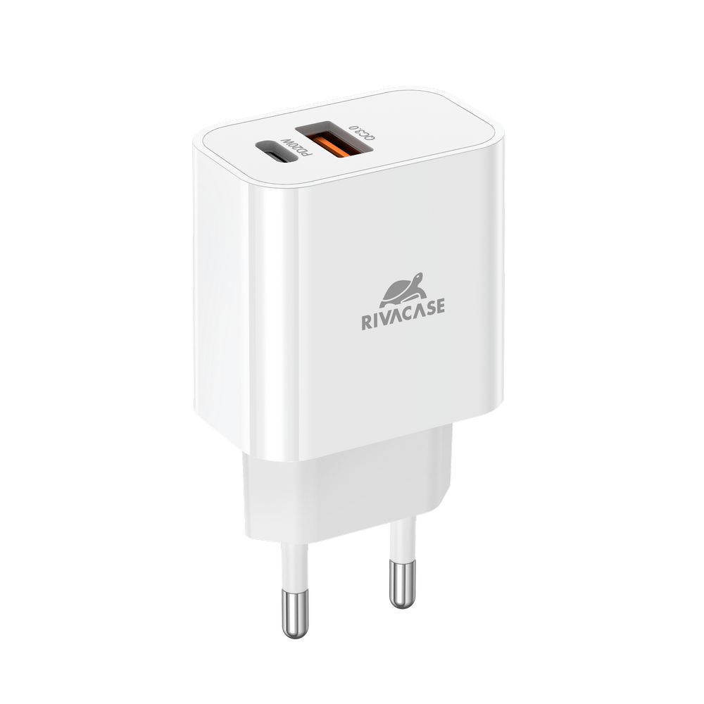 RIVACASE PS4102W00 Мрежово зарядно устройство USB-C + USB-A, 20W PD 3.0, бяло