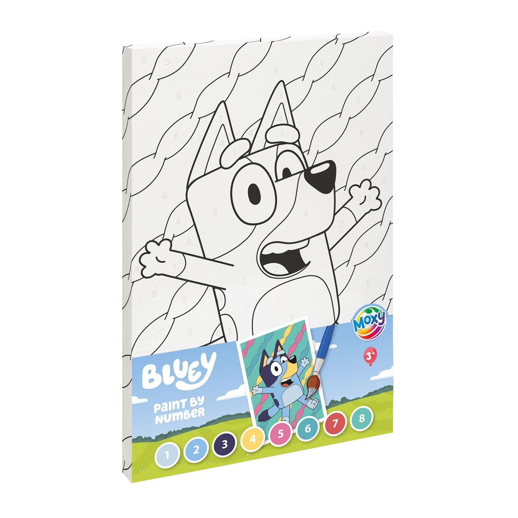 Moxy Платно за оцветяване по номера Bluey, с четка и 8 боички | JAR Computers Moxy Платно за оцветяване по номера Bluey, с четка и 8 боички