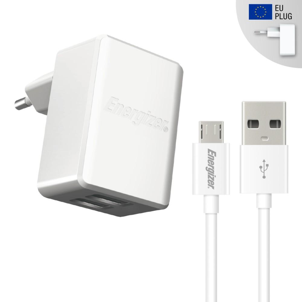Захранване за ел. мрежа 3.4A с два USB изхода и microUSB кабел - Energizer 3.4A Wall Charger with microUSB Cable (бял) | JAR Computers Захранване за ел. мрежа 3.4A с два USB изхода и microUSB кабел - Energizer 3.4A Wall Charger with microUSB Cable (бял)