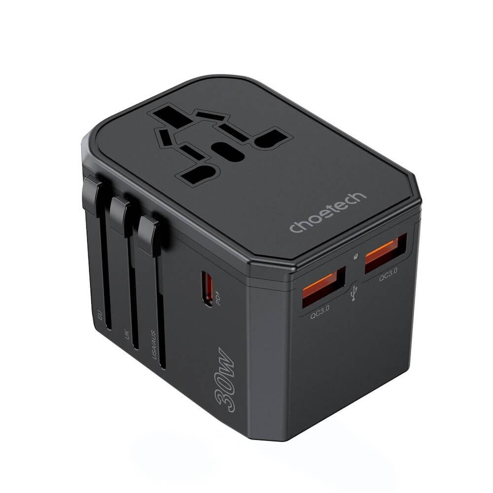 Захранване с 1xUSB-C и 2xUSB-A изхода и преходници за цял свят в едно устройство за мобилни устройства - Choetech PD6041 Universal World Travel Adapter 30W (черен) | JAR Computers Захранване с 1xUSB-C и 2xUSB-A изхода и преходници за цял свят в едно устройство за мобилни устройства - Choetech PD6041 Universal World Travel Adapter 30W (черен)