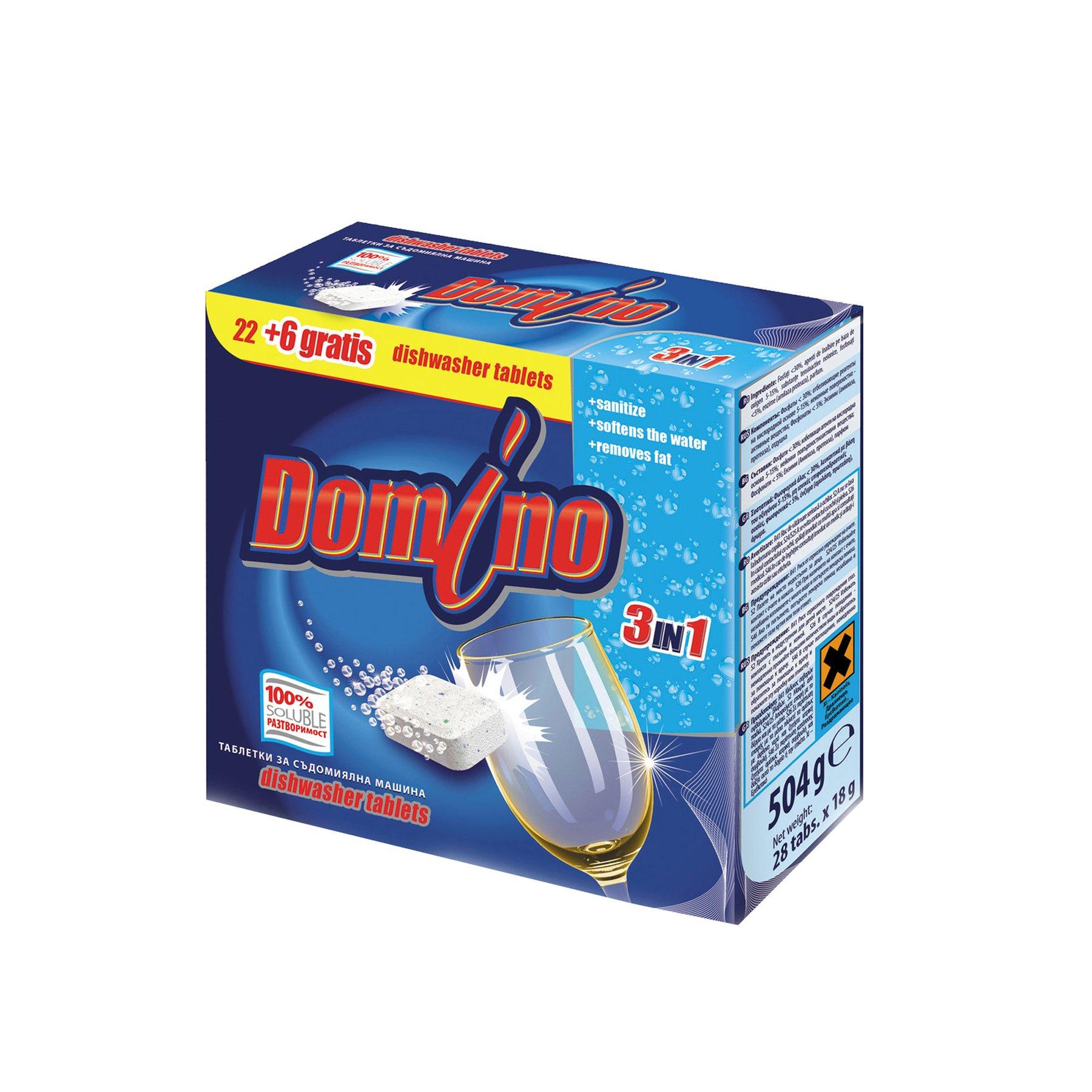 Таблетки за съдомиялна машина Domino, 3 в 1, 22+6 броя, 28 таблетки l | JAR Computers Таблетки за съдомиялна машина Domino, 3 в 1, 22+6 броя, 28 таблетки l
