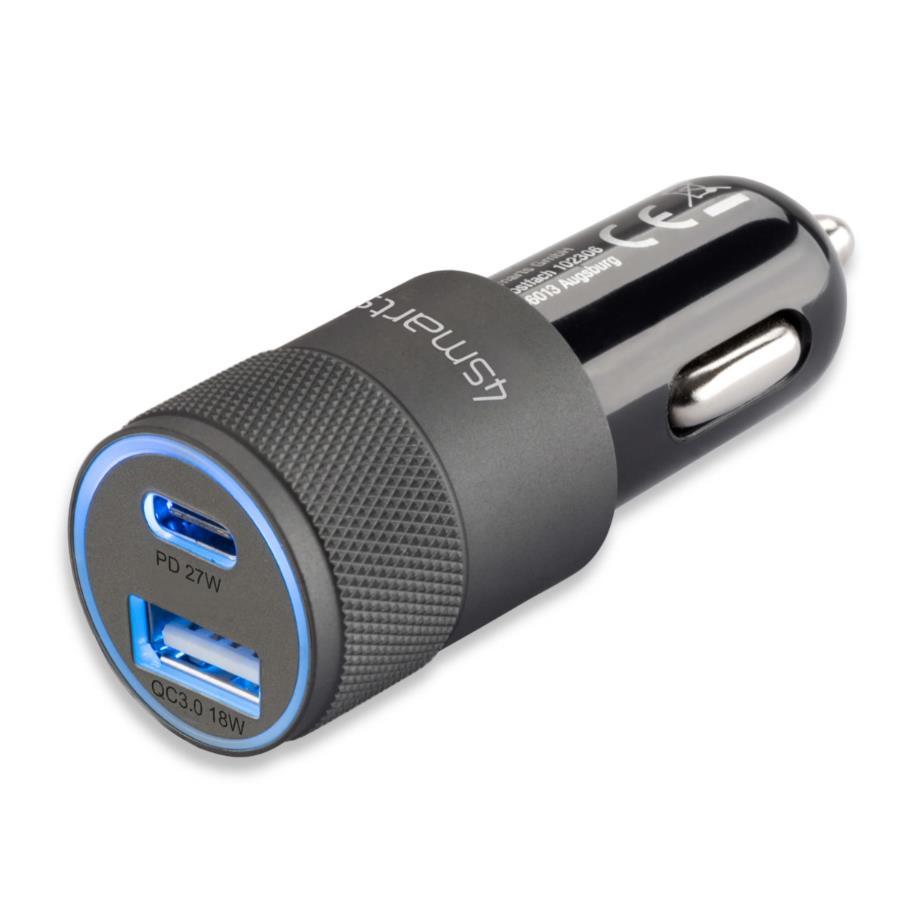 Зарядно за кола с USB и USB-C изходи с USB-C към Lightning кабел и технология за бързо зареждане - 4smarts Car Charger Rapid+ 27W with Quick Charge with PD (черен-тъмносив) | JAR Computers Зарядно за кола с USB и USB-C изходи с USB-C към Lightning кабел и технология за бързо зареждане - 4smarts Car Charger Rapid+ 27W with Quick Charge with PD (черен-тъмносив)