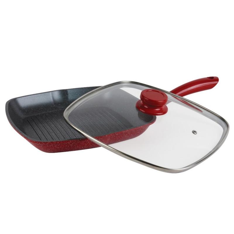 Грил тиган с капак Oliver Voltz OV54316A24C, 24 см, Мраморно покритие, Индукция, Червен | JAR Computers Грил тиган с капак Oliver Voltz OV54316A24C, 24 см, Мраморно покритие, Индукция, Червен