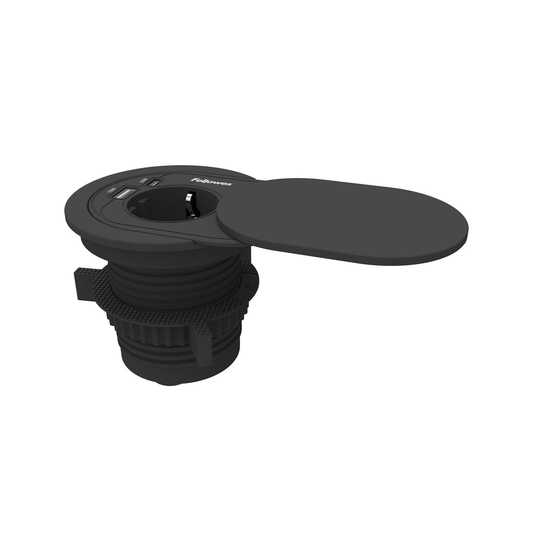 Разклонител Fellowes Ampra Power Spot, шуко, 1 гнездо, 1 USB Type-A, 1 USB Type-C, черен | JAR Computers Разклонител Fellowes Ampra Power Spot, шуко, 1 гнездо, 1 USB Type-A, 1 USB Type-C, черен