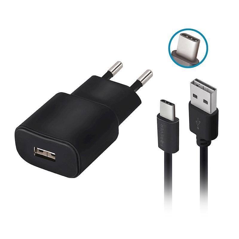 Зарядно 220V TC-01 + кабел USB C 2A  Forever черно | JAR Computers Зарядно 220V TC-01 + кабел USB C 2A  Forever черно