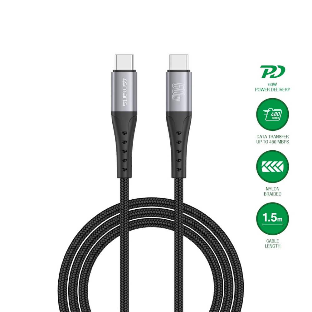 4smarts USB-C to USB-C Data Cable 60W - кабел с бързо зареждане за устройства с USB-C порт (200 см) (черен) 