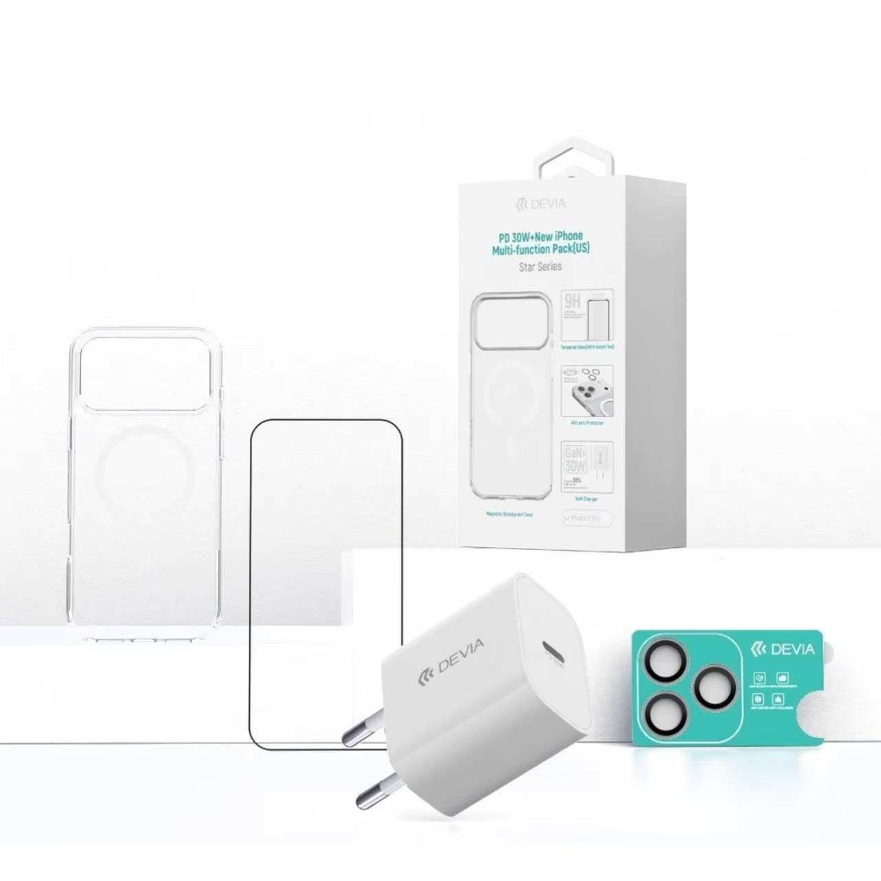 Devia 4-в-1 комплект за iPhone 17 Pro с 30W GaN PD зарядно, MagSafe калъф и стъклени протектори | JAR Computers Devia 4-в-1 комплект за iPhone 17 Pro с 30W GaN PD зарядно, MagSafe калъф и стъклени протектори