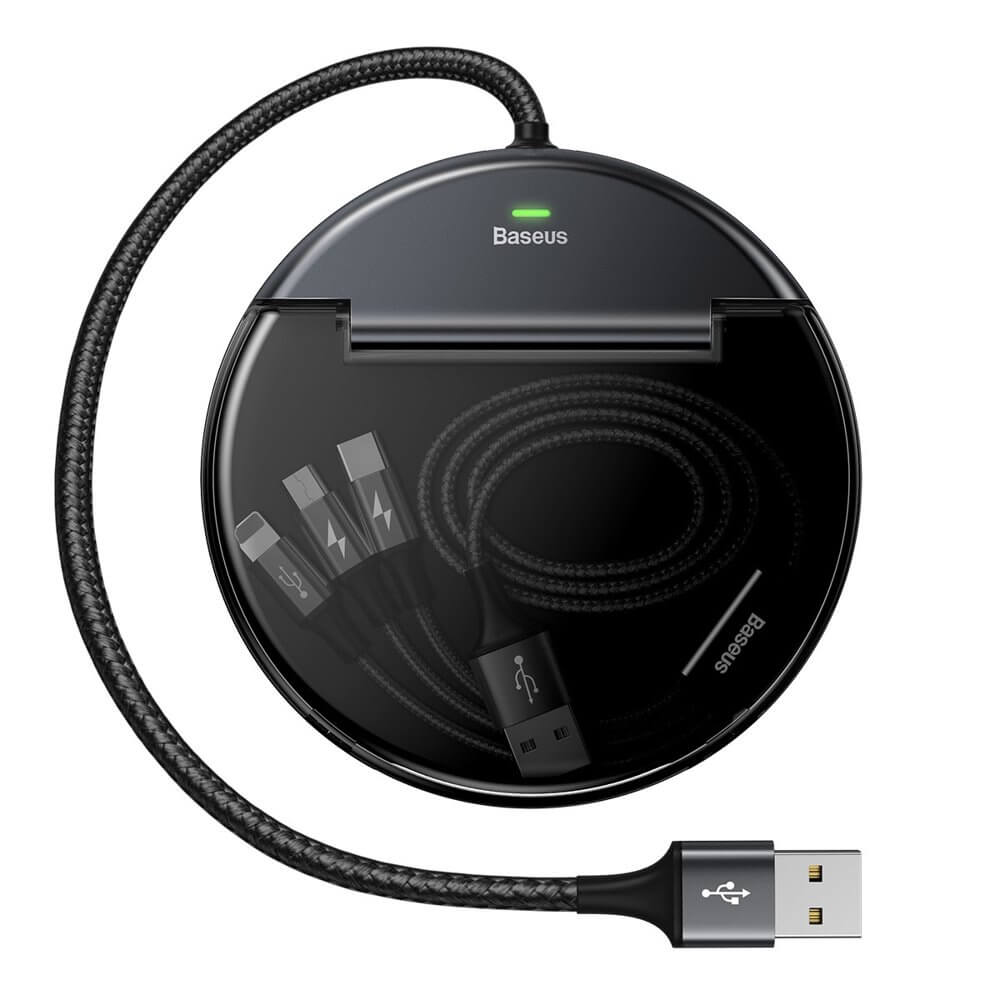 Baseus Car Sharing Charging Station - кутия за организране на кабели с USB изходи и универсален 3-в-1 USB кабел с Lightning, microUSB и USB-C конектори (черен)