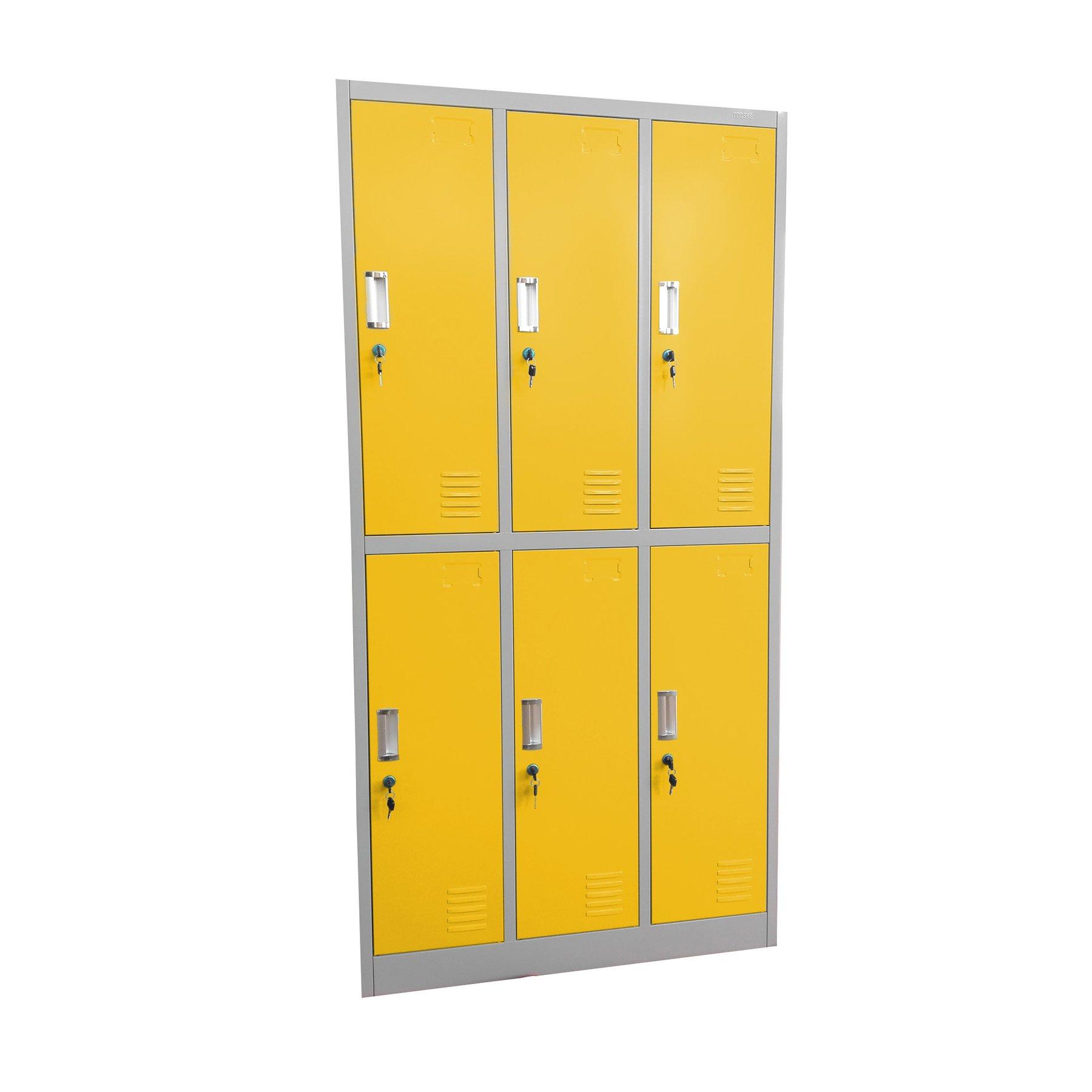 Гардероб RFG, метален, троен, с шест клетки, 90 x 45 x 185 cm сив корпус, врати с жълт цвят