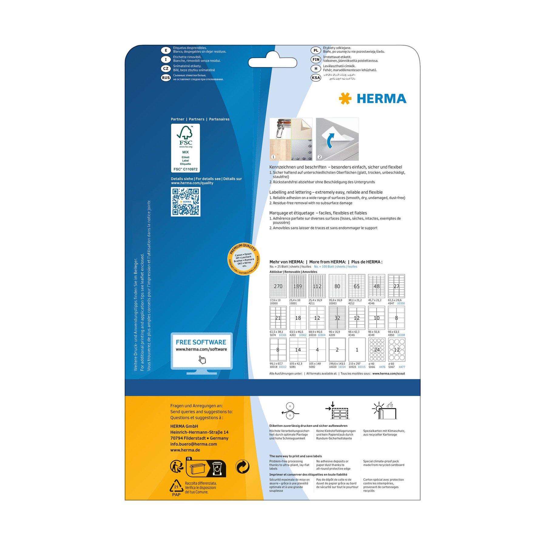 Herma Самозалепващи се етикети, A4, презалепващи, 38.1 х 21.2 mm, 65 броя, 25 листа