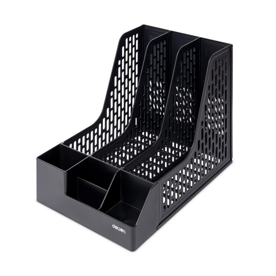 Вертикална поставка Deli, 9843BES, с органайзер и 3 отделения, РР, черна | JAR Computers Вертикална поставка Deli, 9843BES, с органайзер и 3 отделения, РР, черна