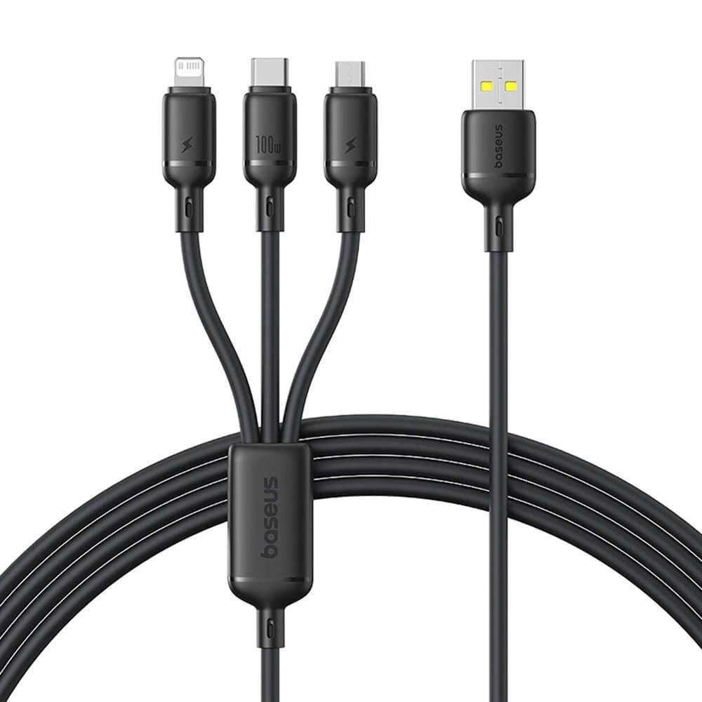 Универсален USB-A кабел с Lightning, microUSB и USB-C конектори - Baseus Silky 3-in-1 Universal Data Cable 100W (черен) (150cм) | JAR Computers Универсален USB-A кабел с Lightning, microUSB и USB-C конектори - Baseus Silky 3-in-1 Universal Data Cable 100W (черен) (150cм)