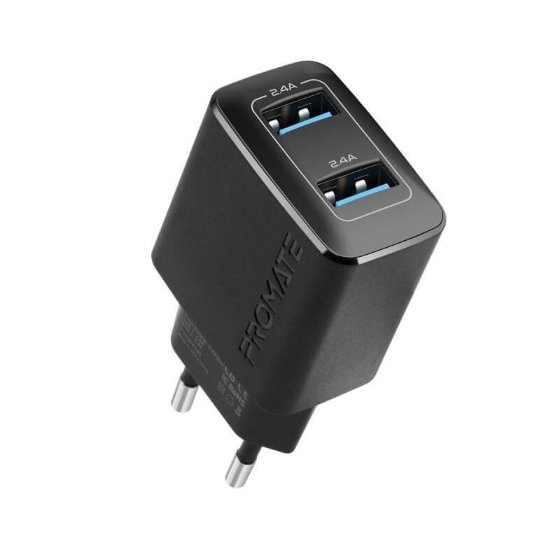 Захранване за ел. мрежа с два USB-A изхода за мобилни устройства - Promate BiPlug Wall Chager Dual USB 4.8A (черен) | JAR Computers Захранване за ел. мрежа с два USB-A изхода за мобилни устройства - Promate BiPlug Wall Chager Dual USB 4.8A (черен)