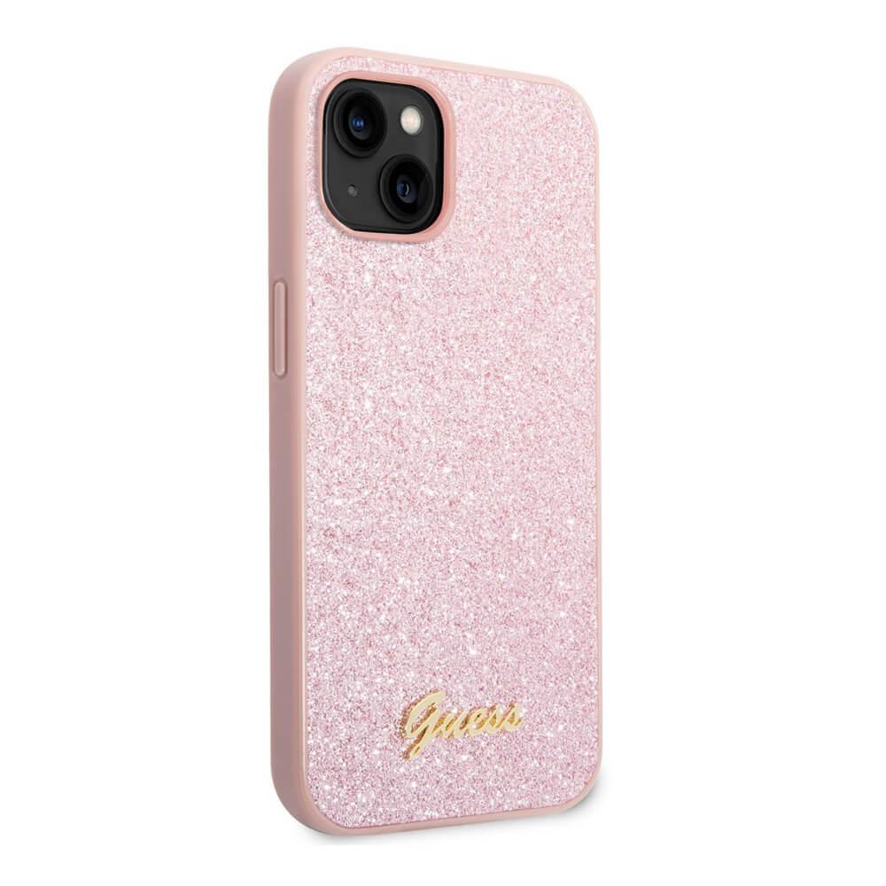 Хибриден удароустойчив кейс за iPhone 14 - Guess Glitter Flakes Metal Logo Case (розов) | JAR Computers Хибриден удароустойчив кейс за iPhone 14 - Guess Glitter Flakes Metal Logo Case (розов)
