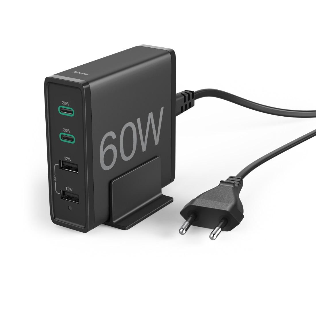 Мрежово зарядно HAMA, 60W, PD, QC3.0, 2x USB-A, 2x USB-C, Черен
