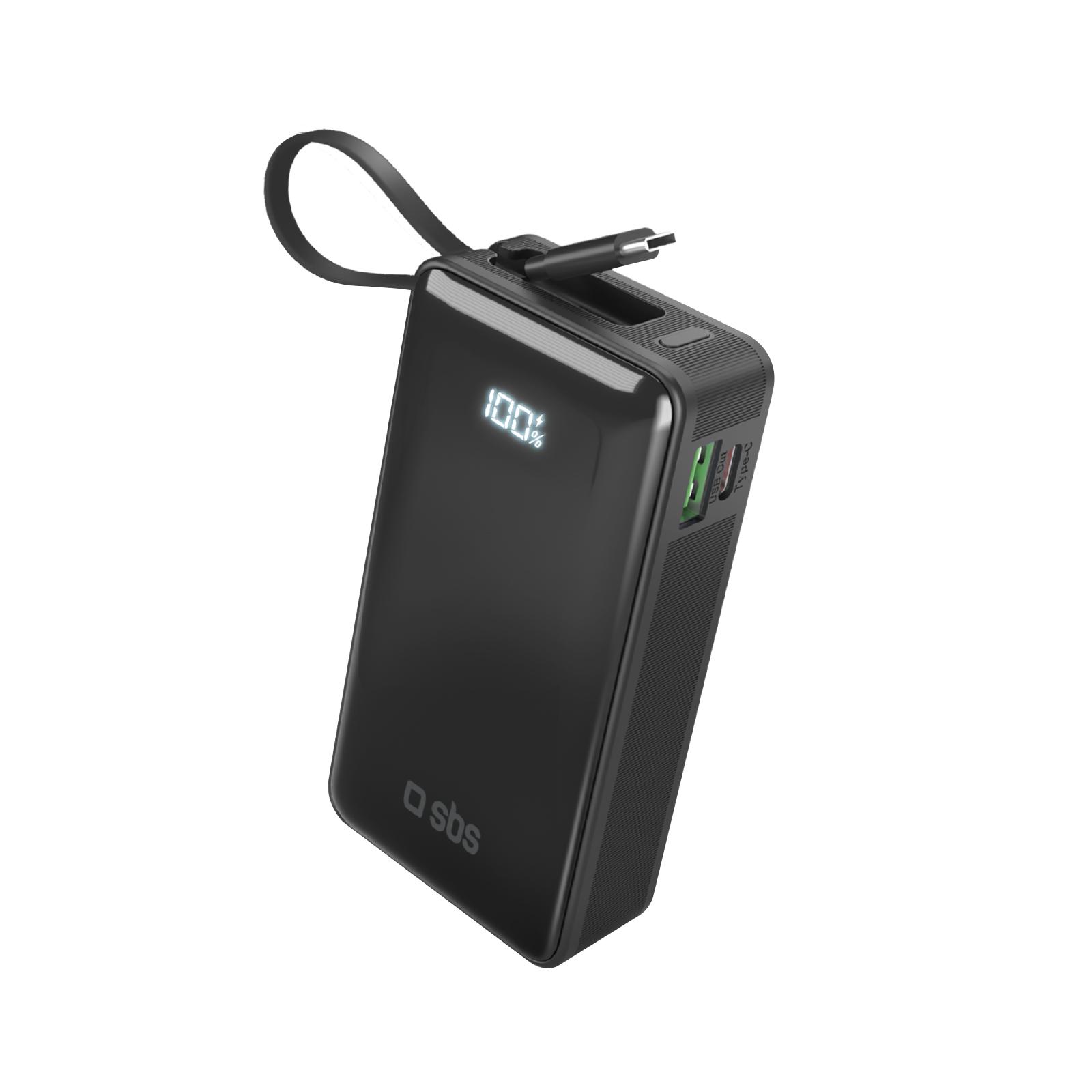 Преносима батерия SBS 81420, 10 000mAh, PD20W, с вграден кабел, LCD, черна