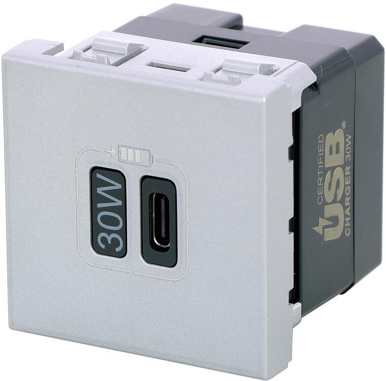 Розетка USB за зареждане тип C Power Delivery 30W 2 мод. цвят Алуминий Mosaic Legrand | JAR Computers Розетка USB за зареждане тип C Power Delivery 30W 2 мод. цвят Алуминий Mosaic Legrand