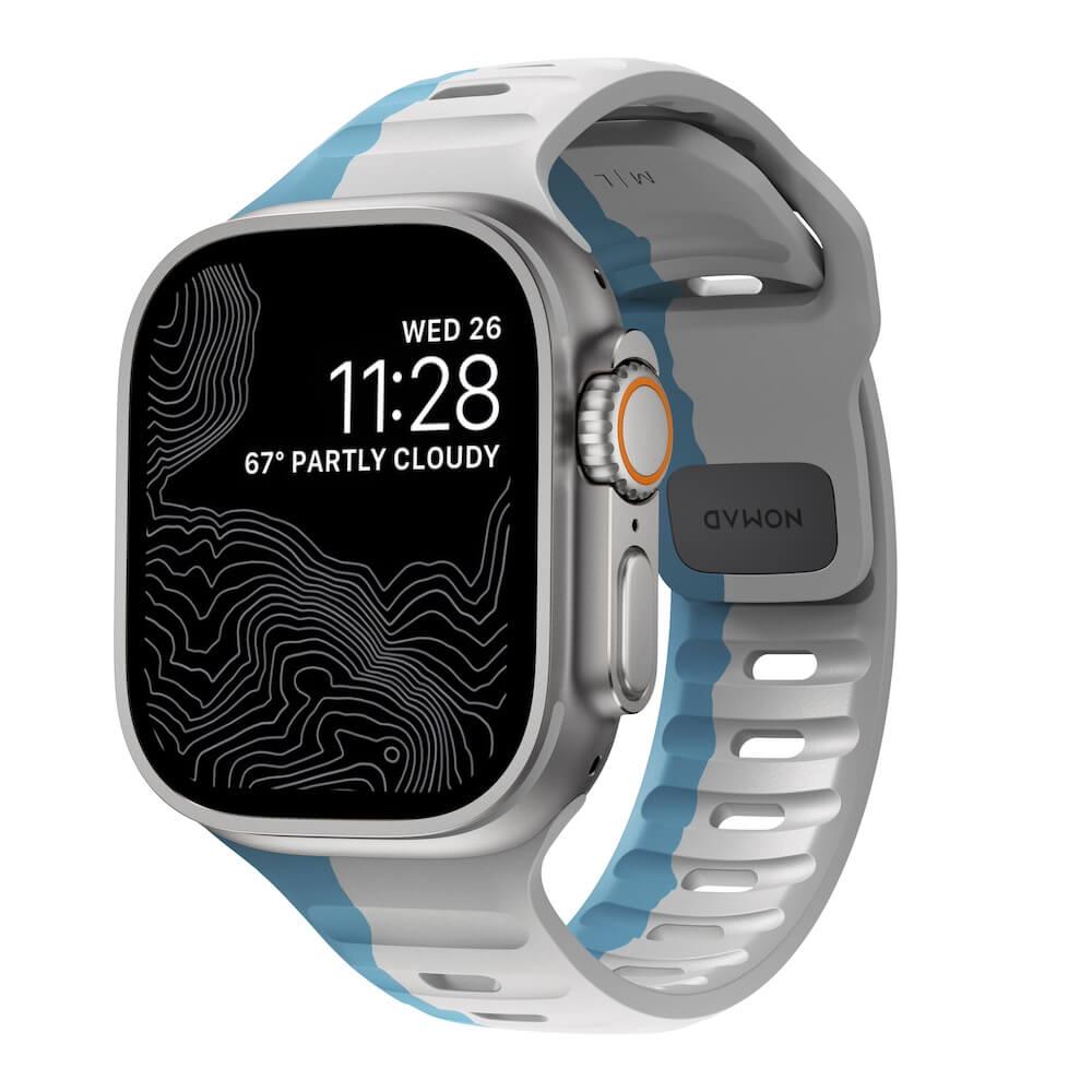 Силиконова каишка за Apple Watch 42мм, 44мм, 45мм, 46мм, Ultra, Ultra 2 49мм - Nomad Sport Band (сив-син) | JAR Computers Силиконова каишка за Apple Watch 42мм, 44мм, 45мм, 46мм, Ultra, Ultra 2 49мм - Nomad Sport Band (сив-син)