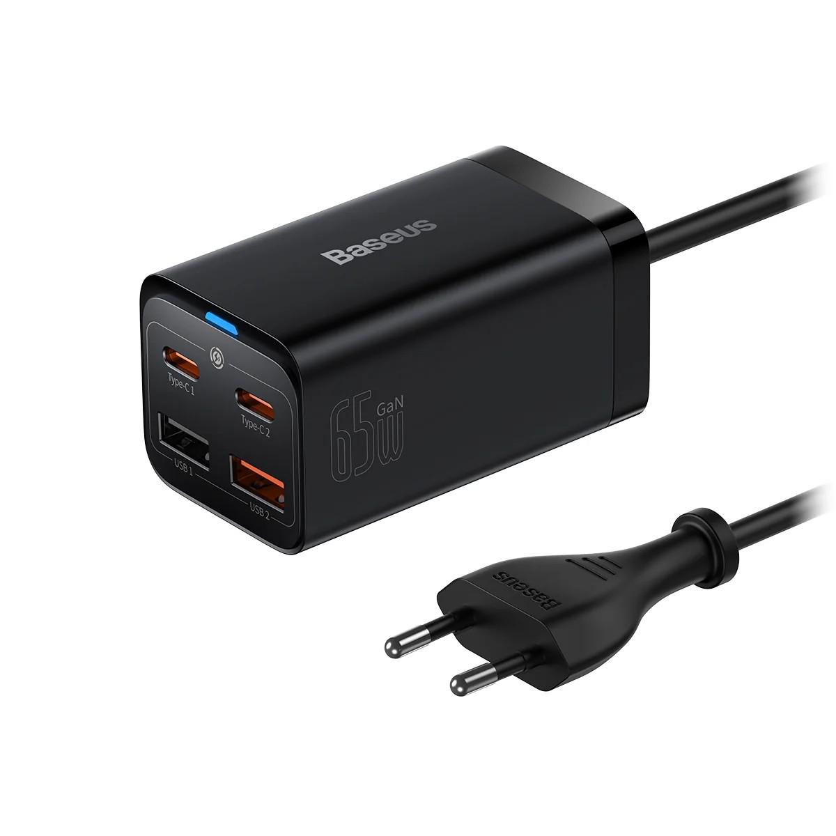 Baseus GaN 3 Pro Charger 65W QC4.0+ (CCGP040-101) – мрежово зарядно с 2xUSB-A, 2xUSB-C и USB-C кабел, черно | JAR Computers Baseus GaN 3 Pro Charger 65W QC4.0+ (CCGP040-101) – мрежово зарядно с 2xUSB-A, 2xUSB-C и USB-C кабел, черно