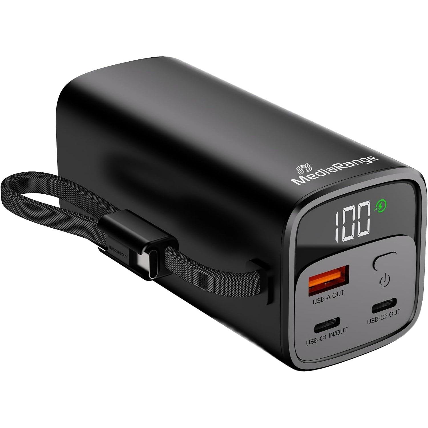 MediaRange Powerbank 20.000mAh with integrated charging cable and LC-Display, 65W USB-C® Power Delivery and 22.5W Quick Charge (MRMA758)
