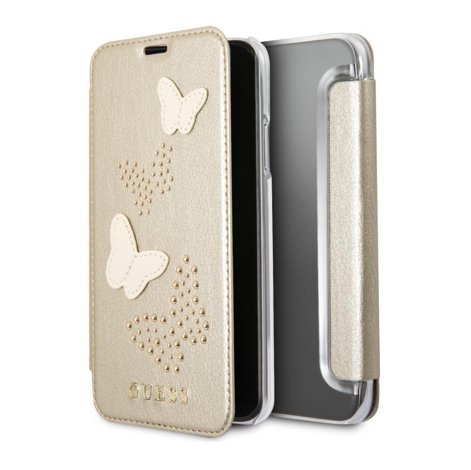 Дизайнерски кожен калъф, тип портфейл за iPhone XS, iPhone X - Guess Studs and Sparlkes Butterfies Book Case (златист) | JAR Computers Дизайнерски кожен калъф, тип портфейл за iPhone XS, iPhone X - Guess Studs and Sparlkes Butterfies Book Case (златист)