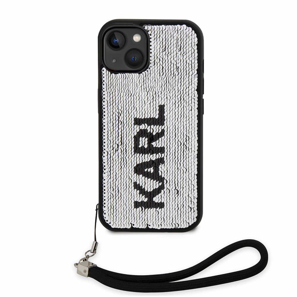 Дизайнерски силиконов кейс с връзка за носене за iPhone 14 - Karl Lagerfeld Sequins Reversible Case (черен) | JAR Computers Дизайнерски силиконов кейс с връзка за носене за iPhone 14 - Karl Lagerfeld Sequins Reversible Case (черен)