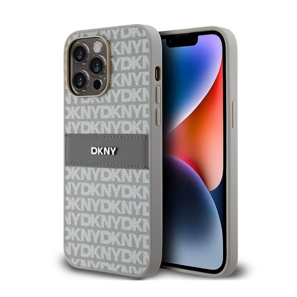 DKNY Repeat Pattern Tonal Stripe Leather Hard Case - дизайнерски кожен кейс за iPhone 14 Pro (бежов)