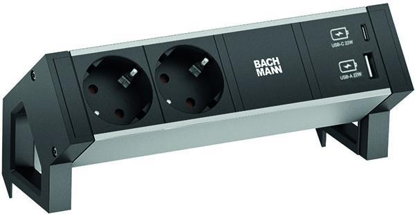 Модул DESK 2 ALU с 2х Шуко и USB тип A+C, цвят Черен, Bachmann | JAR Computers Модул DESK 2 ALU с 2х Шуко и USB тип A+C, цвят Черен, Bachmann