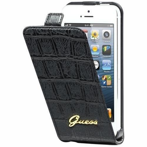 Кожен флип калъф с метално лого за iPhone 5, iPhone 5S, iPhone SE - Guess Flip Case Croco (черен) | JAR Computers Кожен флип калъф с метално лого за iPhone 5, iPhone 5S, iPhone SE - Guess Flip Case Croco (черен)