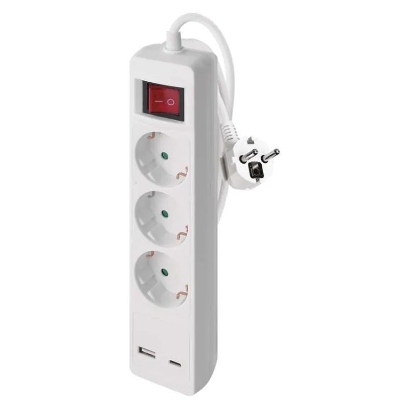 Разклонител с копче БЯЛ 3x2P+E и USB тип А+C 3.4A 17W с кабел 2 метра / 1.5mm2 EMOS | JAR Computers Разклонител с копче БЯЛ 3x2P+E и USB тип А+C 3.4A 17W с кабел 2 метра / 1.5mm2 EMOS