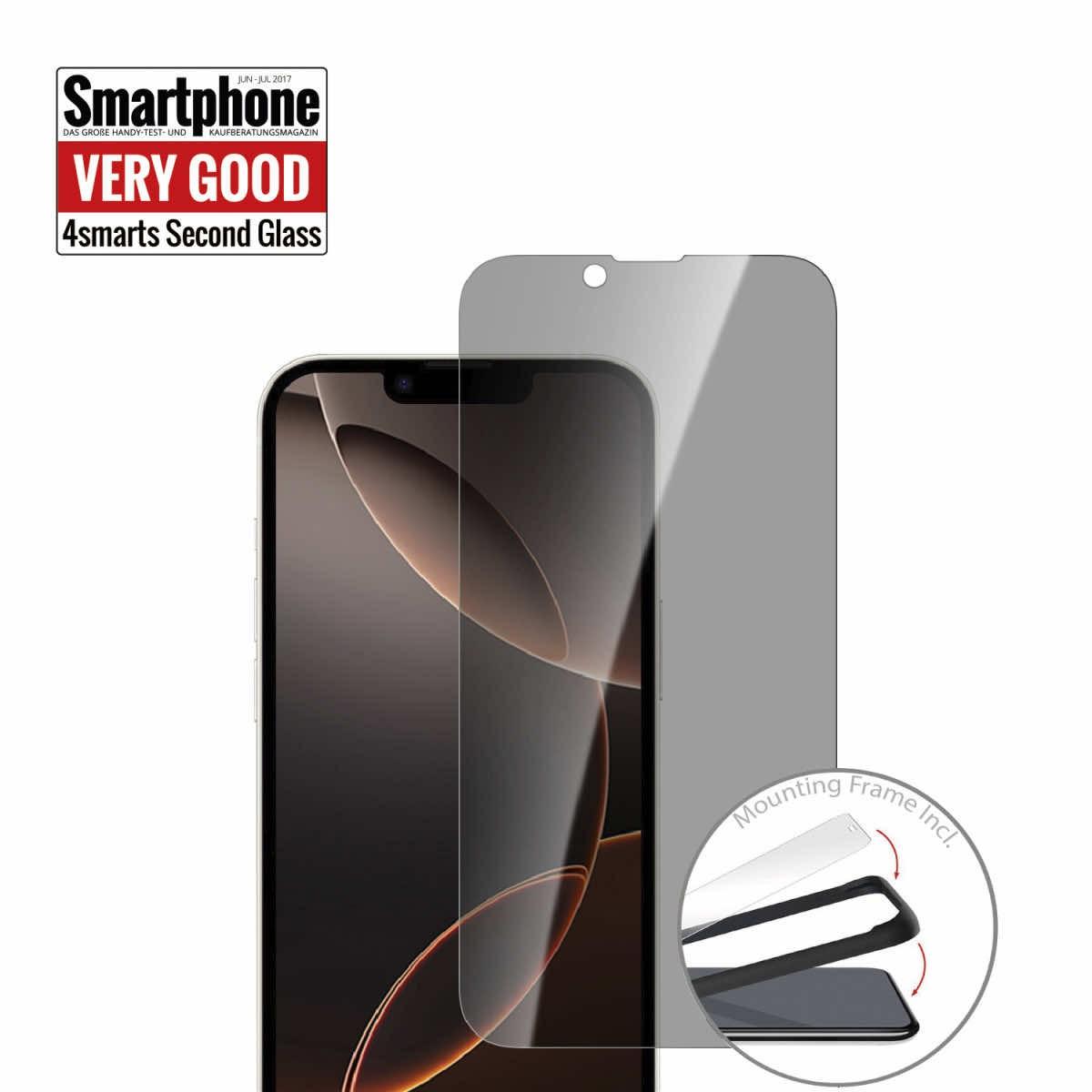 4smarts Second Glass Privacy 2.5D Tempered Glass - стъклено защитно покритие с определен ъгъл на виждане за дисплея на iPhone SE4 (2025), iPhone 14, iPhone 13, iPhone 13 Pro (прозрачен)