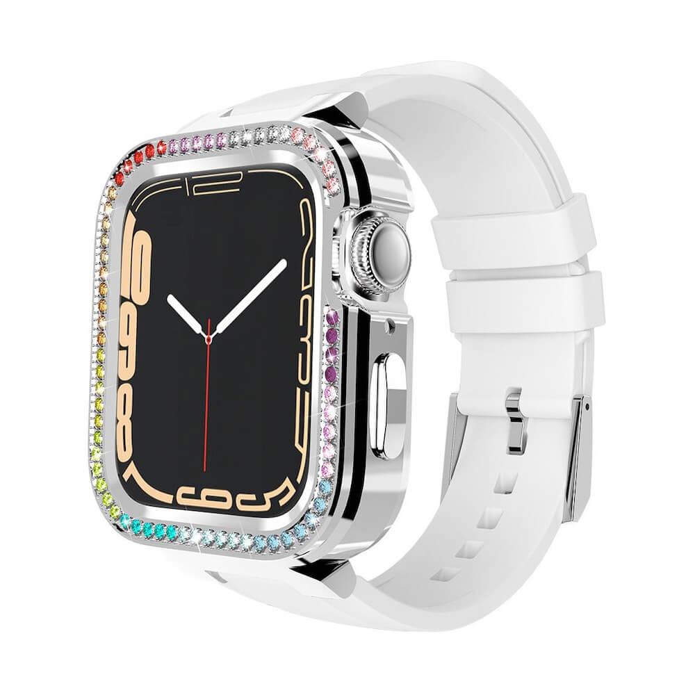 Алуминиев кейс с кристали и вградена силиконова каишка за Apple Watch 40мм, 41мм - Kingxbar Starry Series Strap With Case (сребрист-бял) | JAR Computers Алуминиев кейс с кристали и вградена силиконова каишка за Apple Watch 40мм, 41мм - Kingxbar Starry Series Strap With Case (сребрист-бял)