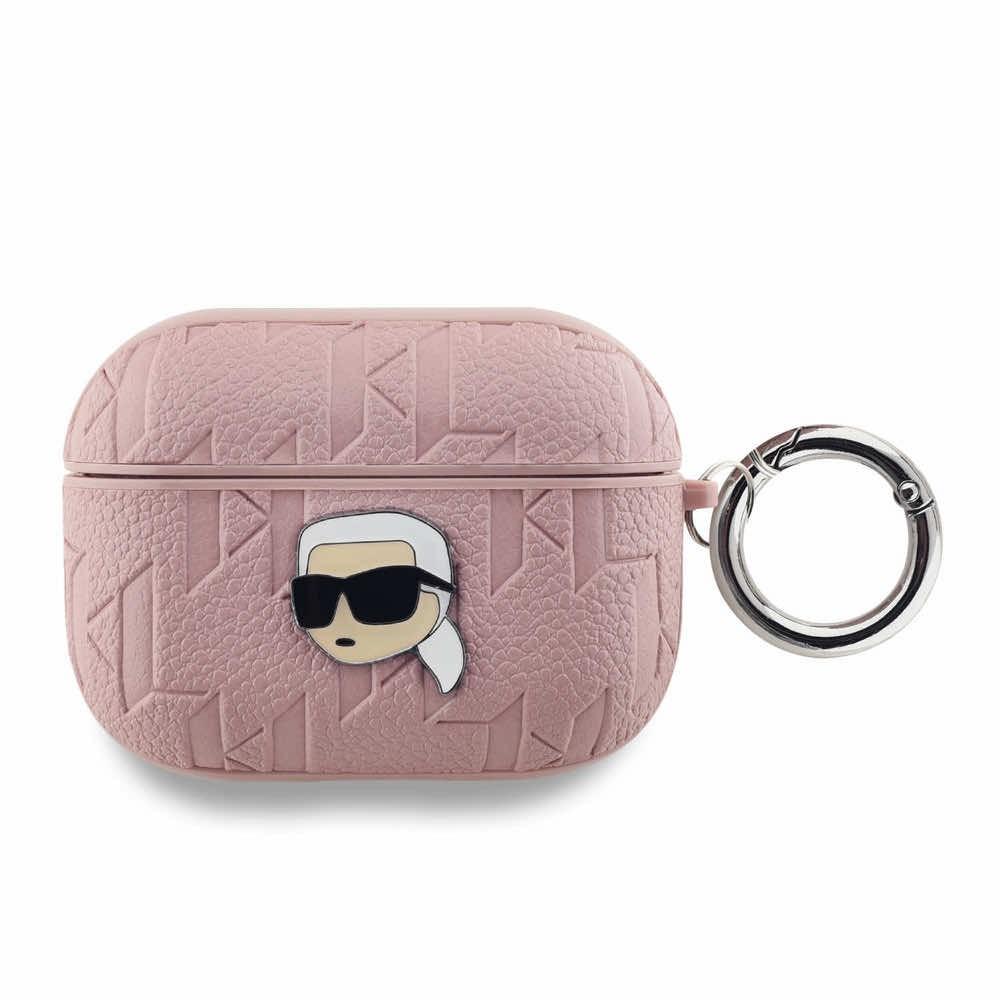 Karl Lagerfeld PU Embossed Karl Head Case - кожен кейс с карабинер за Apple AirPods Pro (розов)