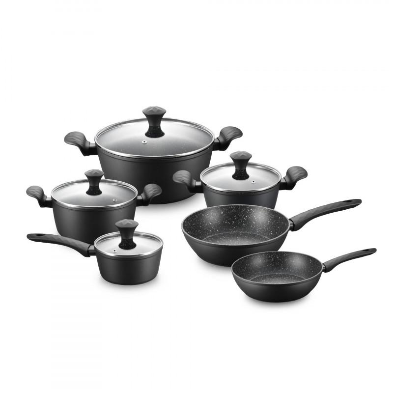 Комплект тенджери и тигани Royalty Line FD10, 10 части, Лят алуминий, Greblon мраморно покритие, Индукция, Черен