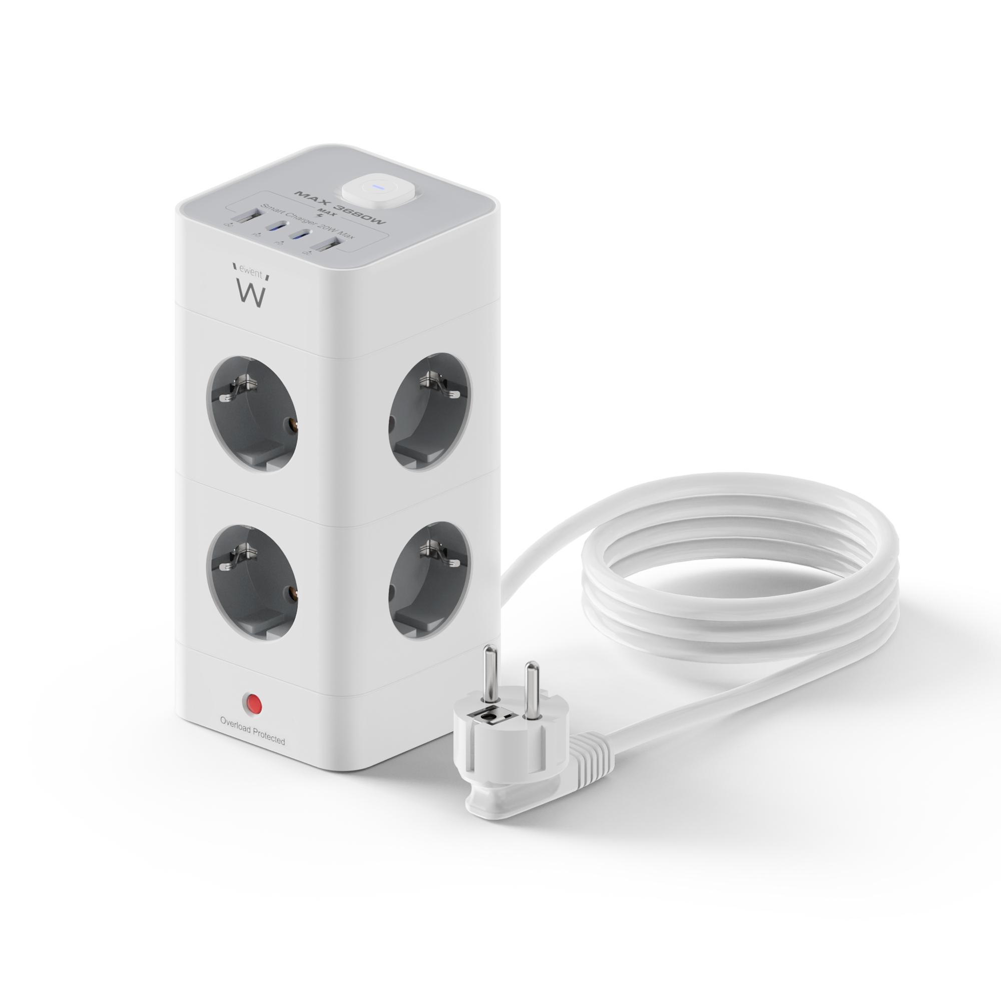 Ewent EW3864 Power Tower Block вертикален разклонител с 8 контакта, 2 USB-A и 2 USB-C PD порта, защита от пренапрежение и детска защита | JAR Computers Ewent EW3864 Power Tower Block вертикален разклонител с 8 контакта, 2 USB-A и 2 USB-C PD порта, защита от пренапрежение и детска защита